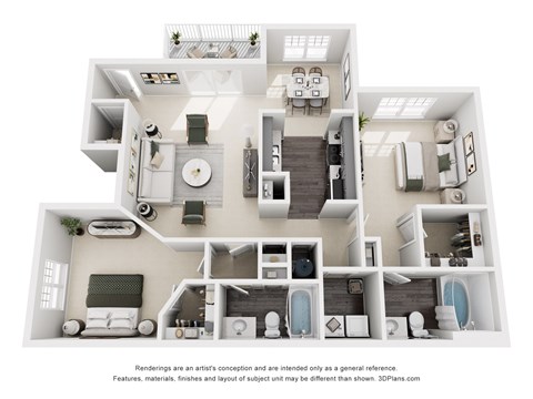 A 3D floor plan of a house with a kitchen, living room, and bathrooms.